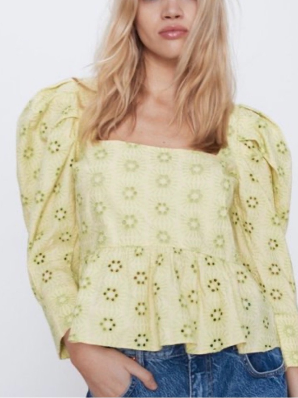 ZARA embroidered eyelet puff sleeve top